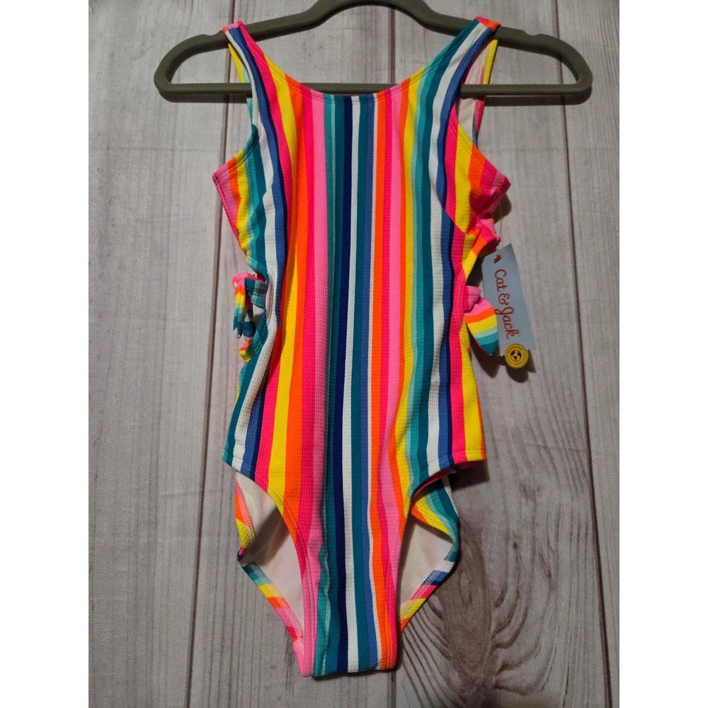 Cat & Jack Girls Rainbow Stripe One Piece Swimsuit Side Cut Out Size L 10/12 NWT